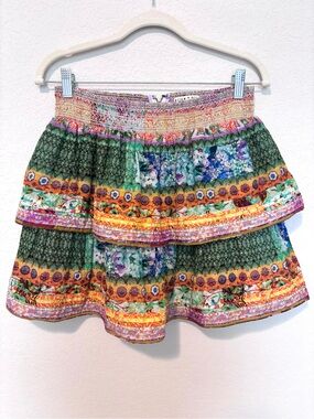 Alice + Olivia Jojo Tiered Ruffle Smocked Multicolor Floral Mini Skirt Women’s 8